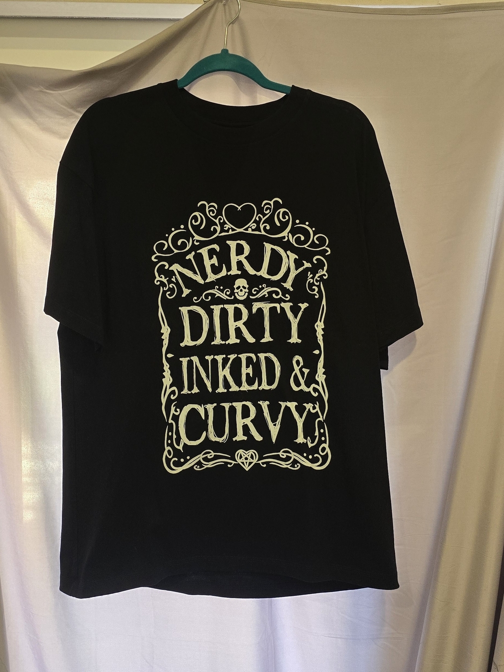 Amazon Black Short Sleeve Tee with Ivory Graphic "Nerdy Dirty Inked & Curvy"